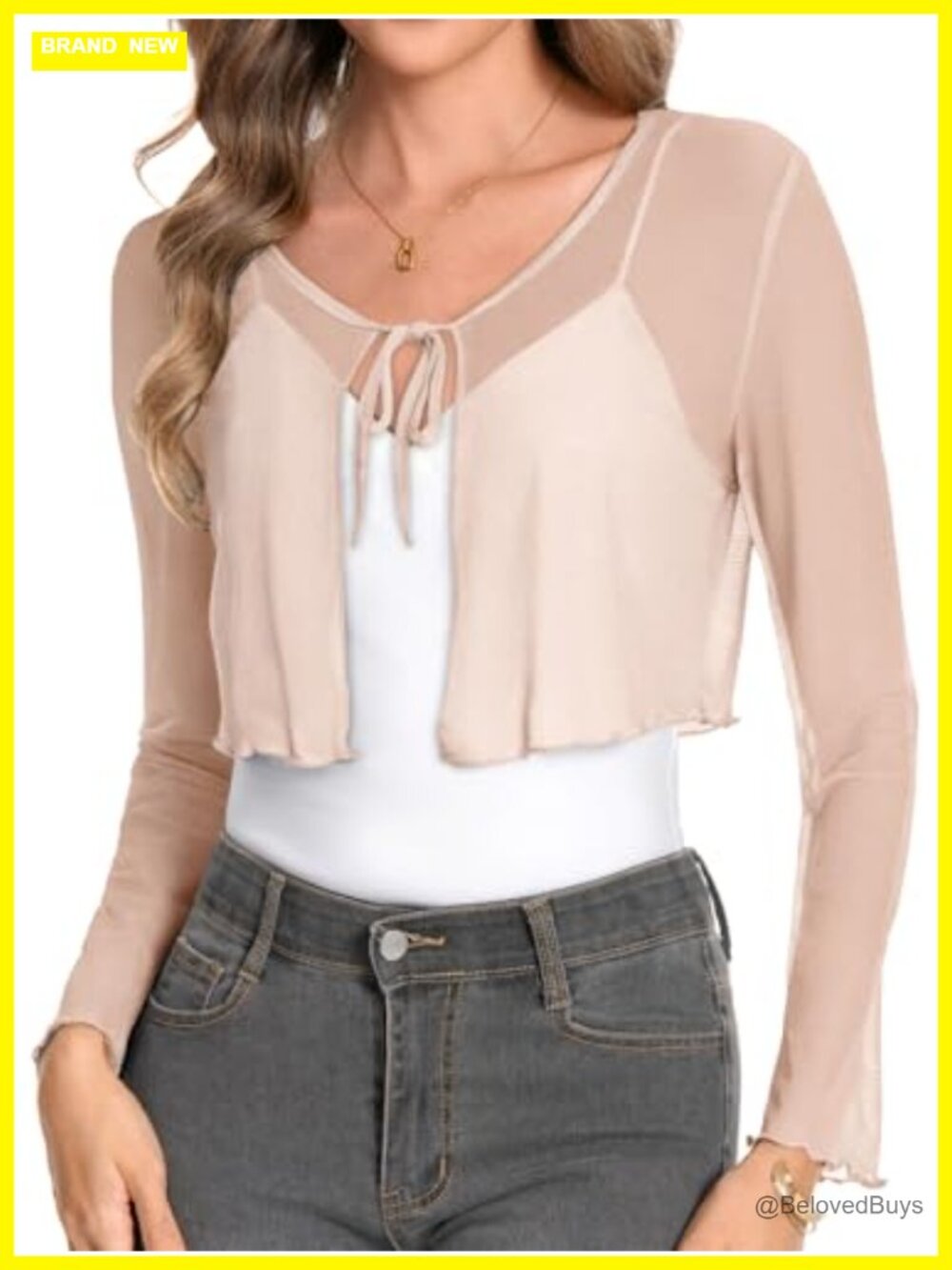 Sheer Mesh Shrug Tie Front Long Sleeve Cropped Cardigan